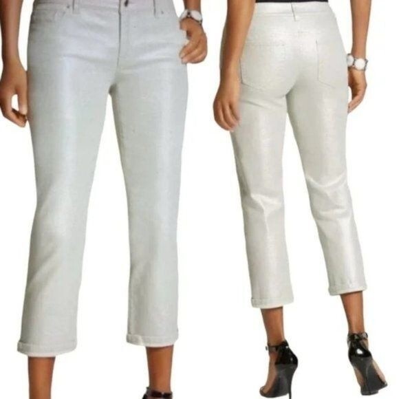 Chico's Platinum Pants Metallic Silver Crop Jeans NWT Size 0 US  Sz 4 - Picture 1 of 11